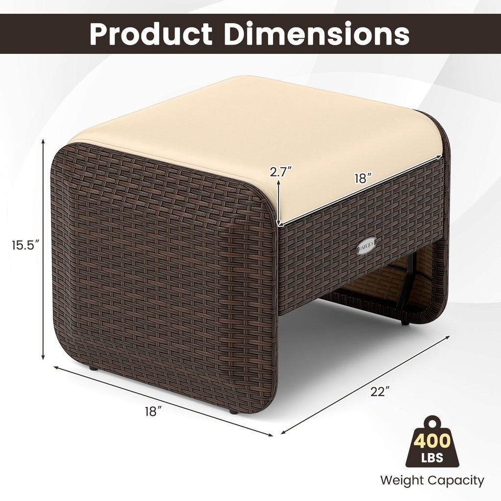 2 Pieces Outdoor Patio PE Wicker Ottomans with Removable Cushions-Brown