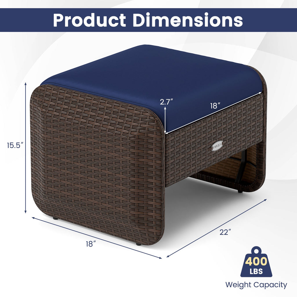 2 Pieces Outdoor Patio PE Wicker Ottomans with Removable Cushions-Navy