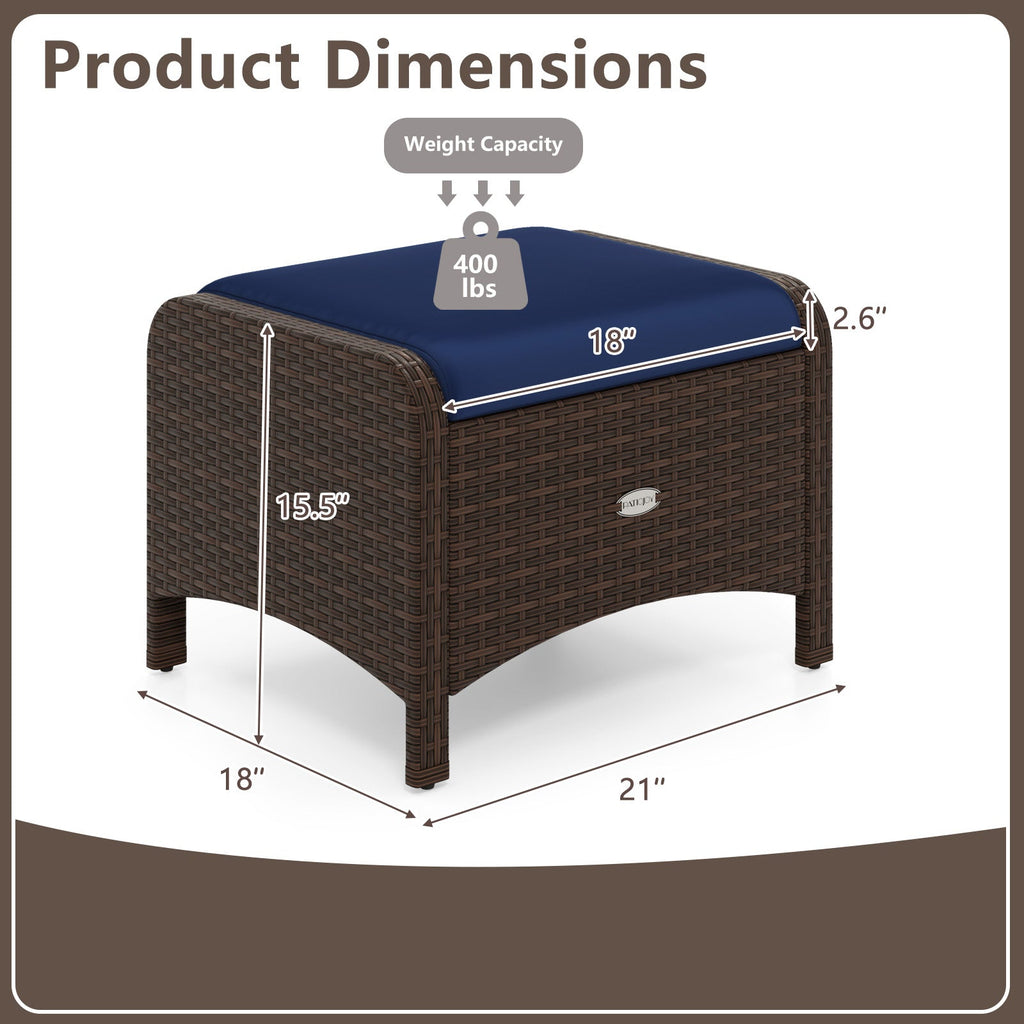 2 Pieces Outdoor Patio PE Wicker Ottomans with Removable Cushions-Navy