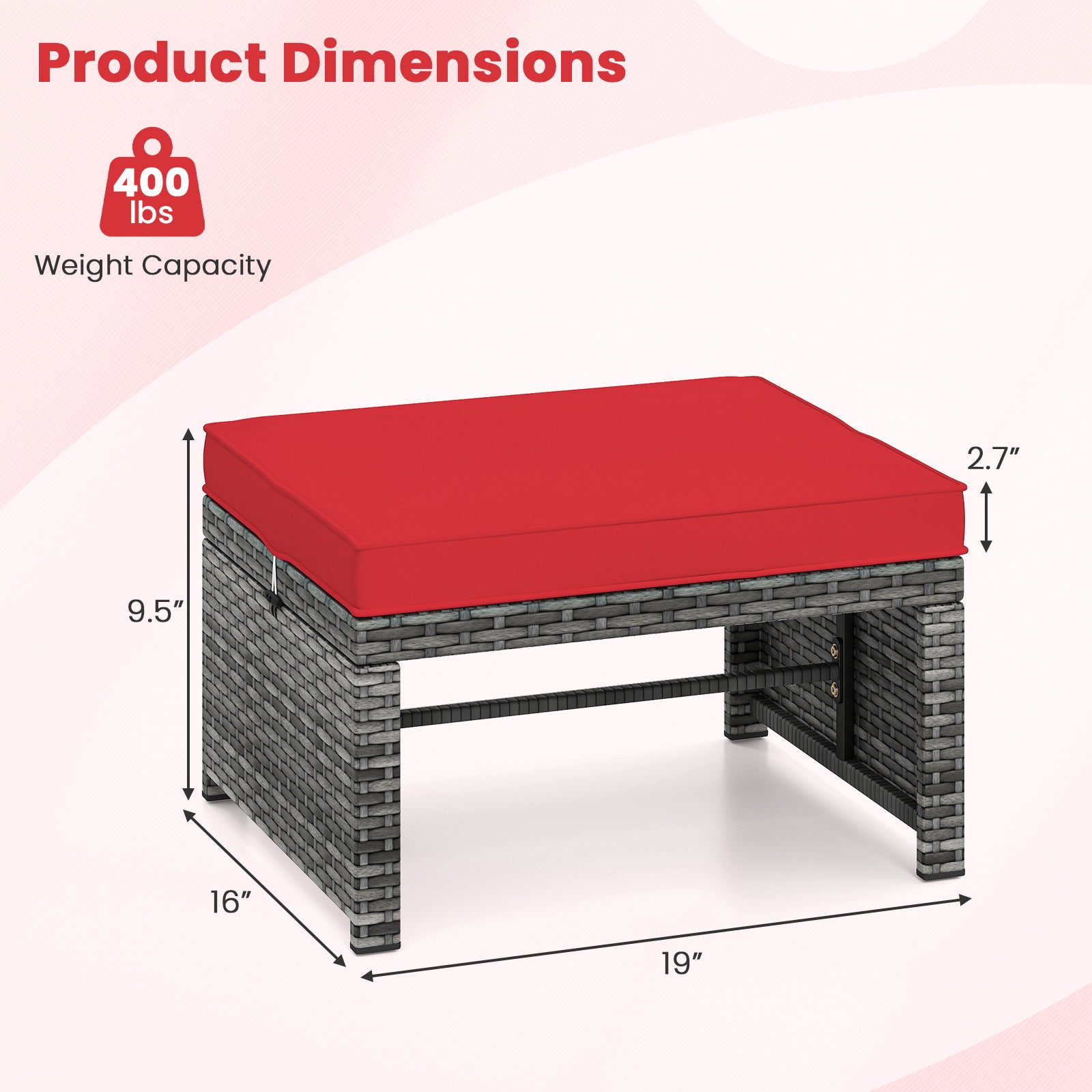 2 Pieces Patio PE Rattan Ottomans with Soft Zippered Cushions for Deck-Red