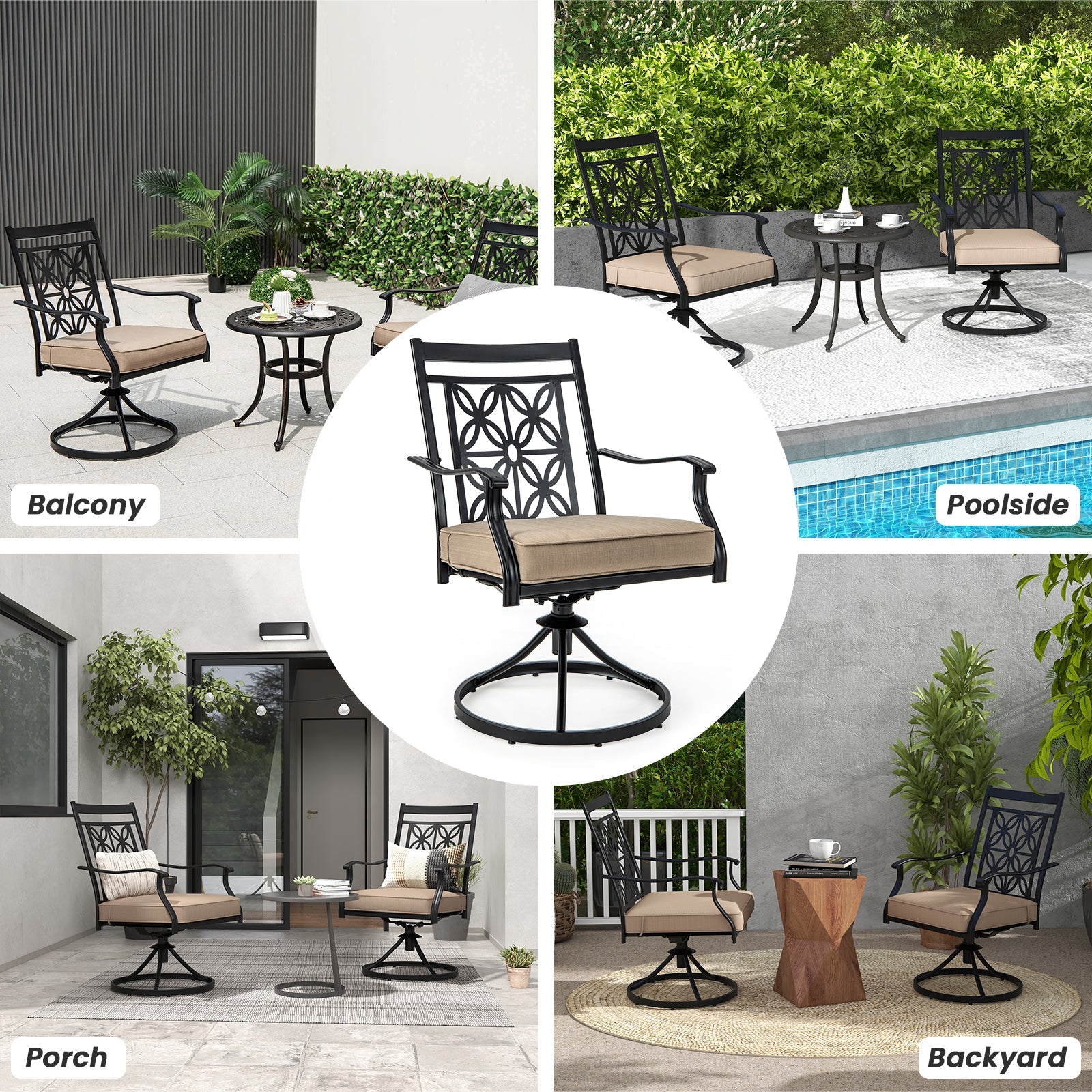 2 Pieces Patio Swivel Chairs with Blossom Pattern Backrest and Cushions-Black