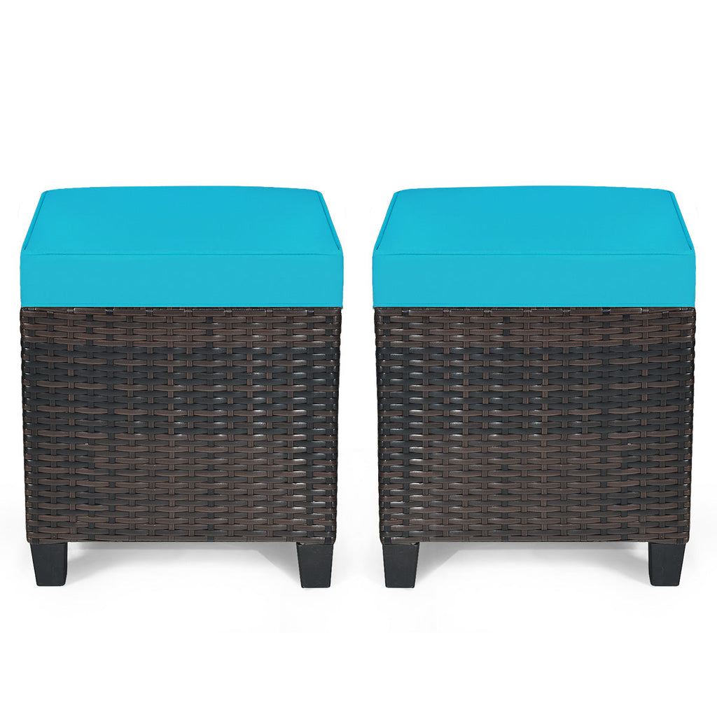 2 Pieces Patio Rattan Ottoman Set with Removable Cushions-Turquoise