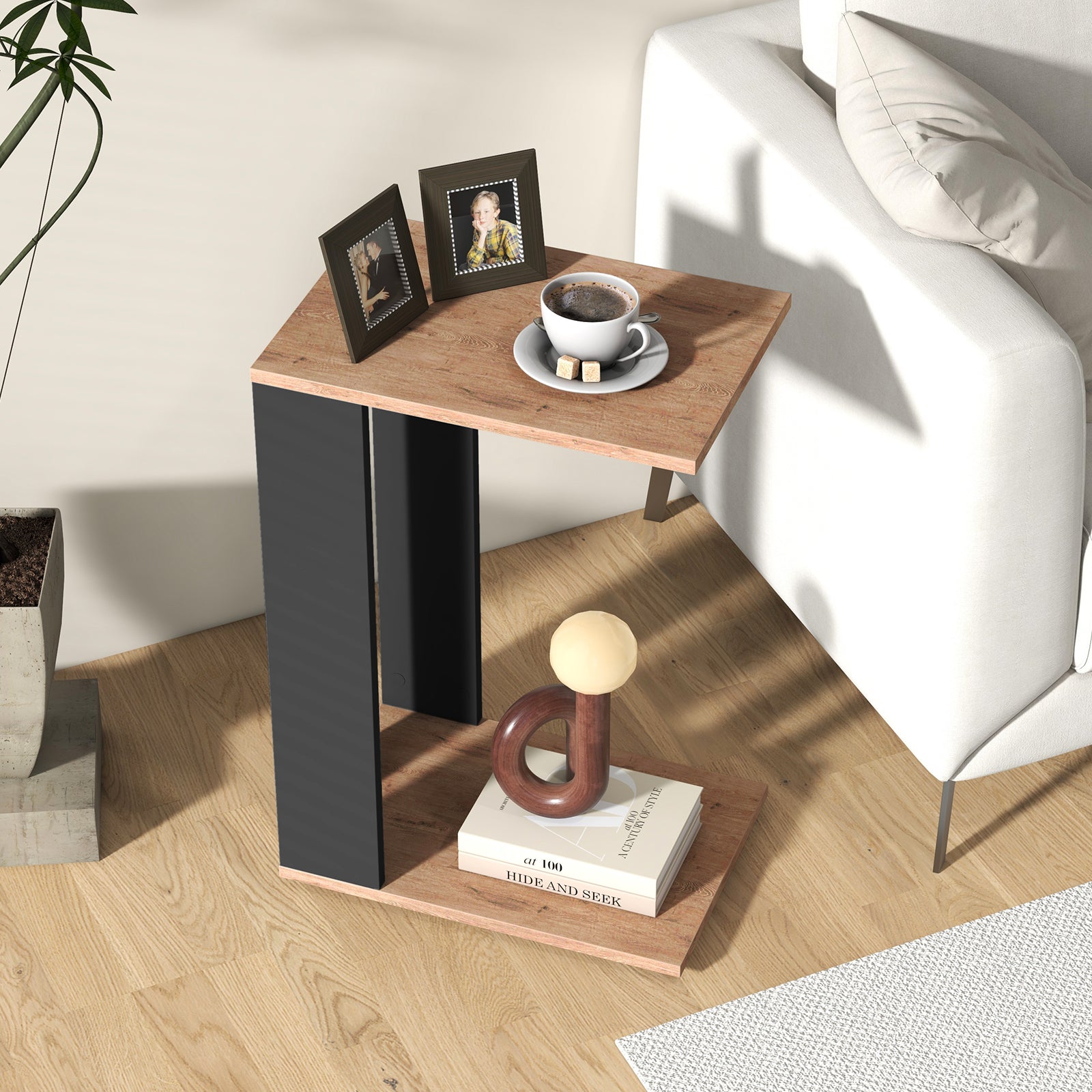 2-Tier C-Shaped Side Table with Universal Wheels and Shelf-Rustic Brown