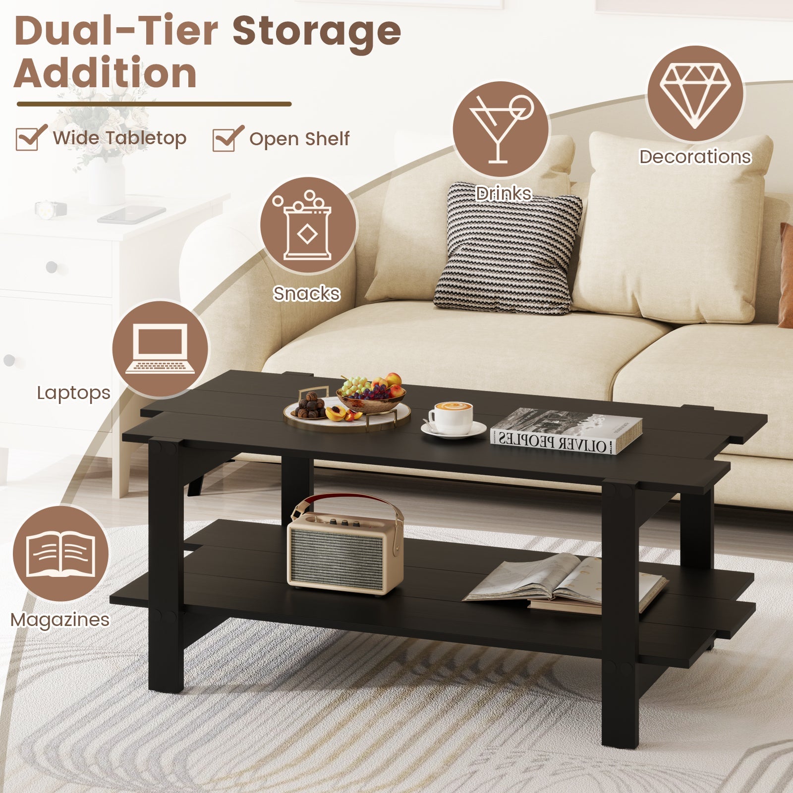 2-Tier Coffee Table Slatted Wood Center Table with Storage Shelf-Black