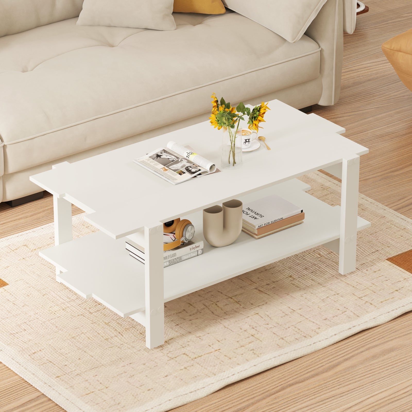 2-Tier Coffee Table Slatted Wood Center Table with Storage Shelf-White