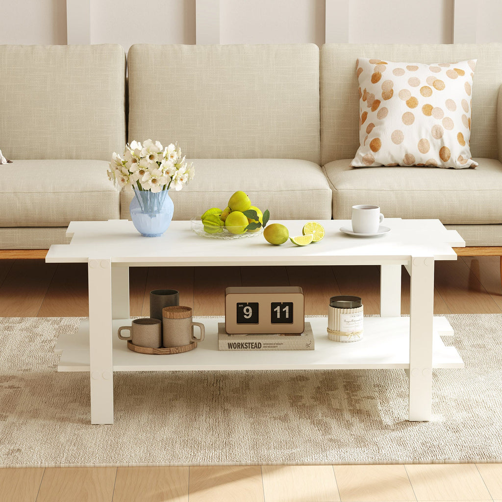 2-Tier Coffee Table Slatted Wood Center Table with Storage Shelf-White