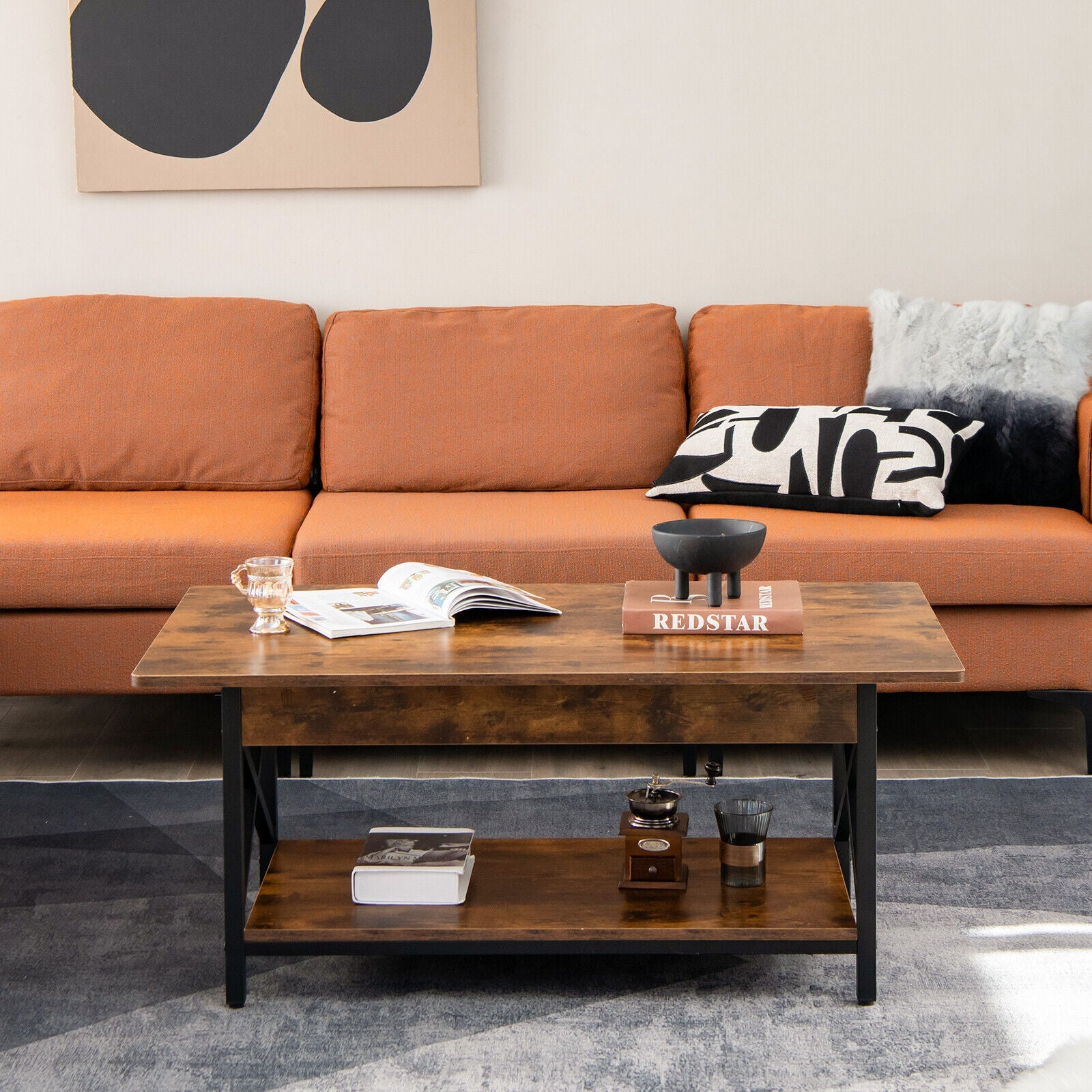 2-Tier Industrial Rectangular Coffee Table with Storage Shelf-Rustic Brown