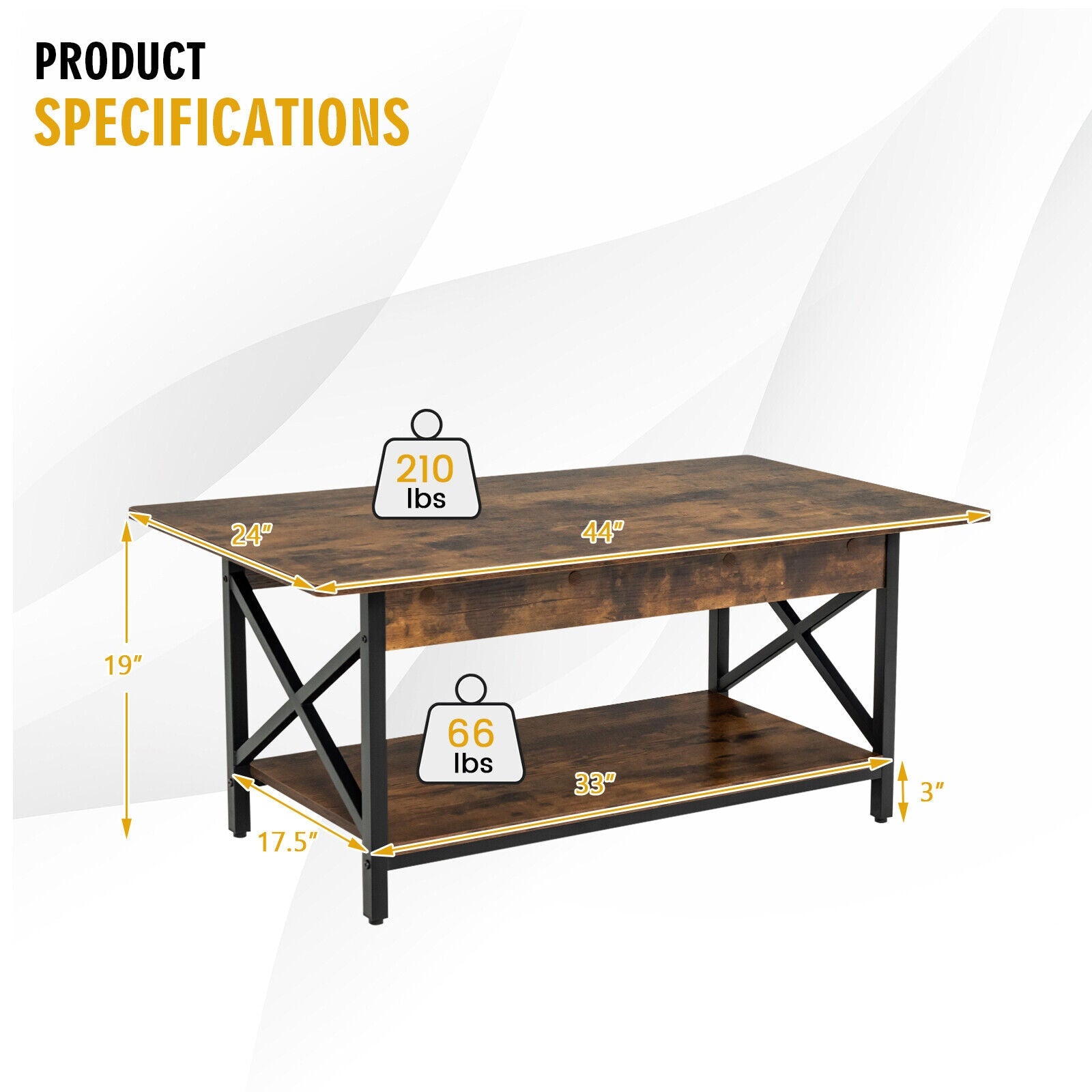 2-Tier Industrial Rectangular Coffee Table with Storage Shelf-Rustic Brown
