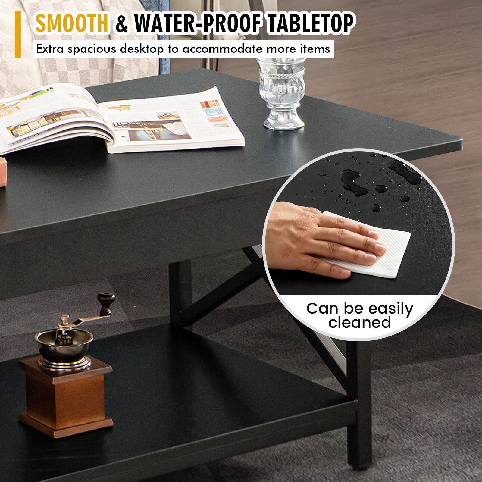 2-Tier Industrial Rectangular Coffee Table with Storage Shelf-Black
