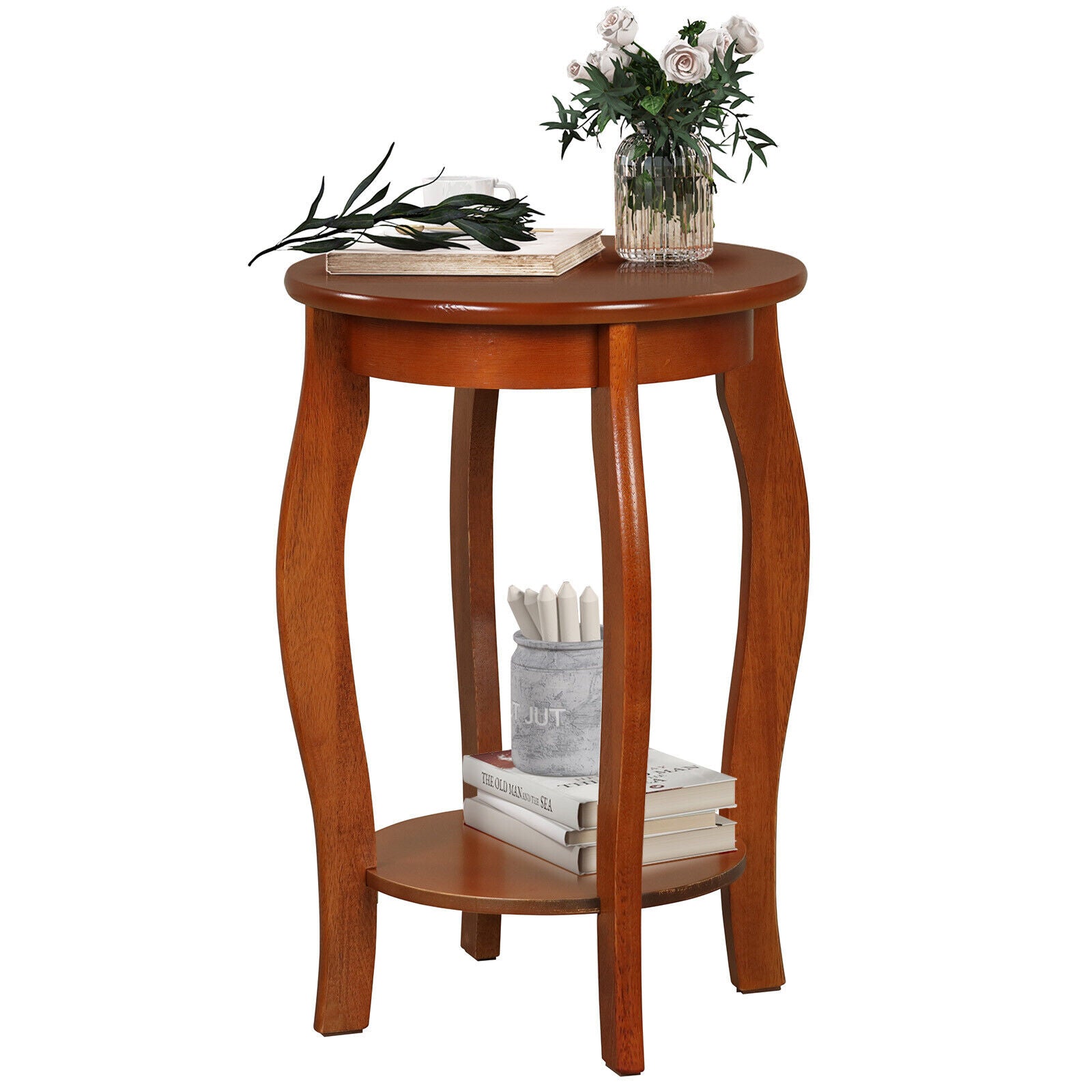 15 Inch 2-Tier Round End Table with Storage Shelf-Walnut
