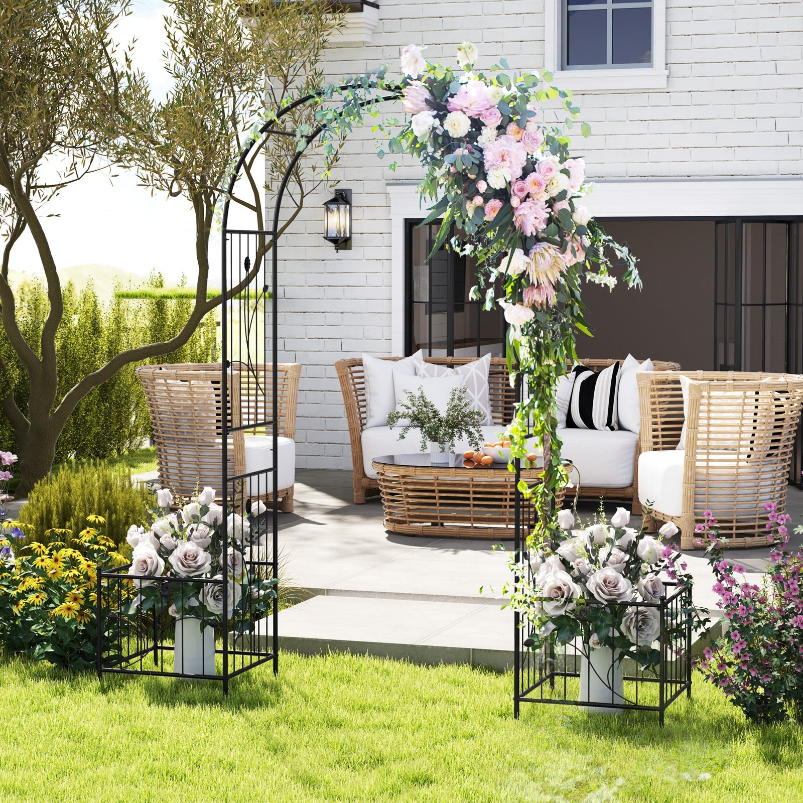 2 in 1 Garden Arbor with 2 Side Planters and 8 Ground Stakes-Black