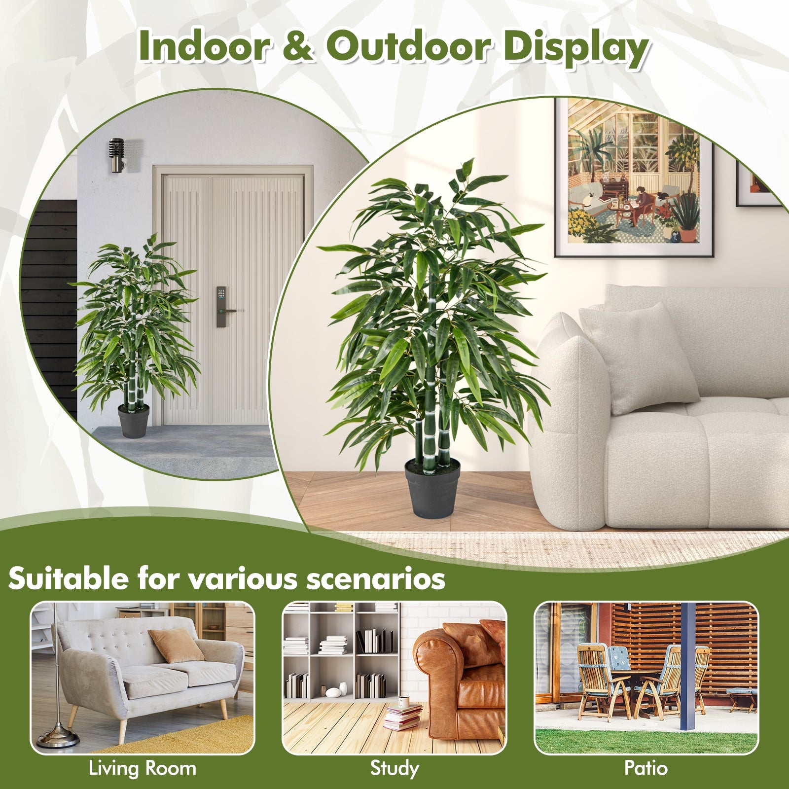 2 Pack Fake Bamboo Leave Tree with 3 PE Bamboo Trunk-Green