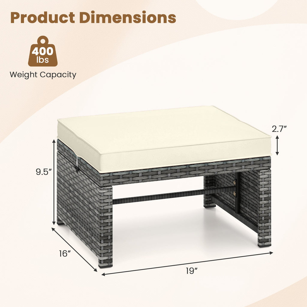 2 Pieces Patio PE Rattan Ottomans with Soft Zippered Cushions for Deck-White