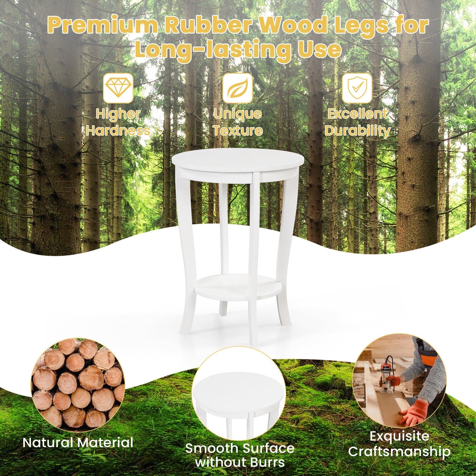 2-tier Round End Table with Solid Wood Legs-White