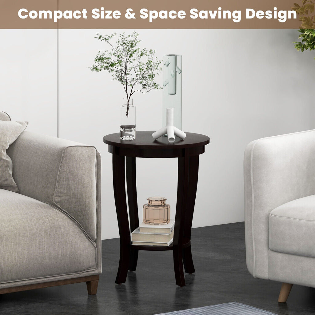 2-tier Round End Table with Solid Wood Legs-Espresso
