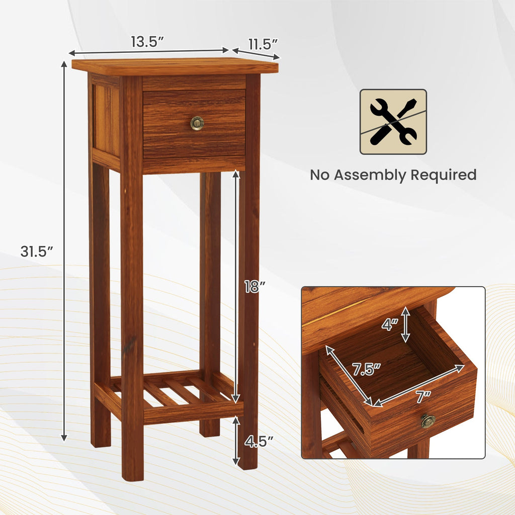 2 Tier Slim Nightstand Bedside Table with Drawer Shelf-Brown