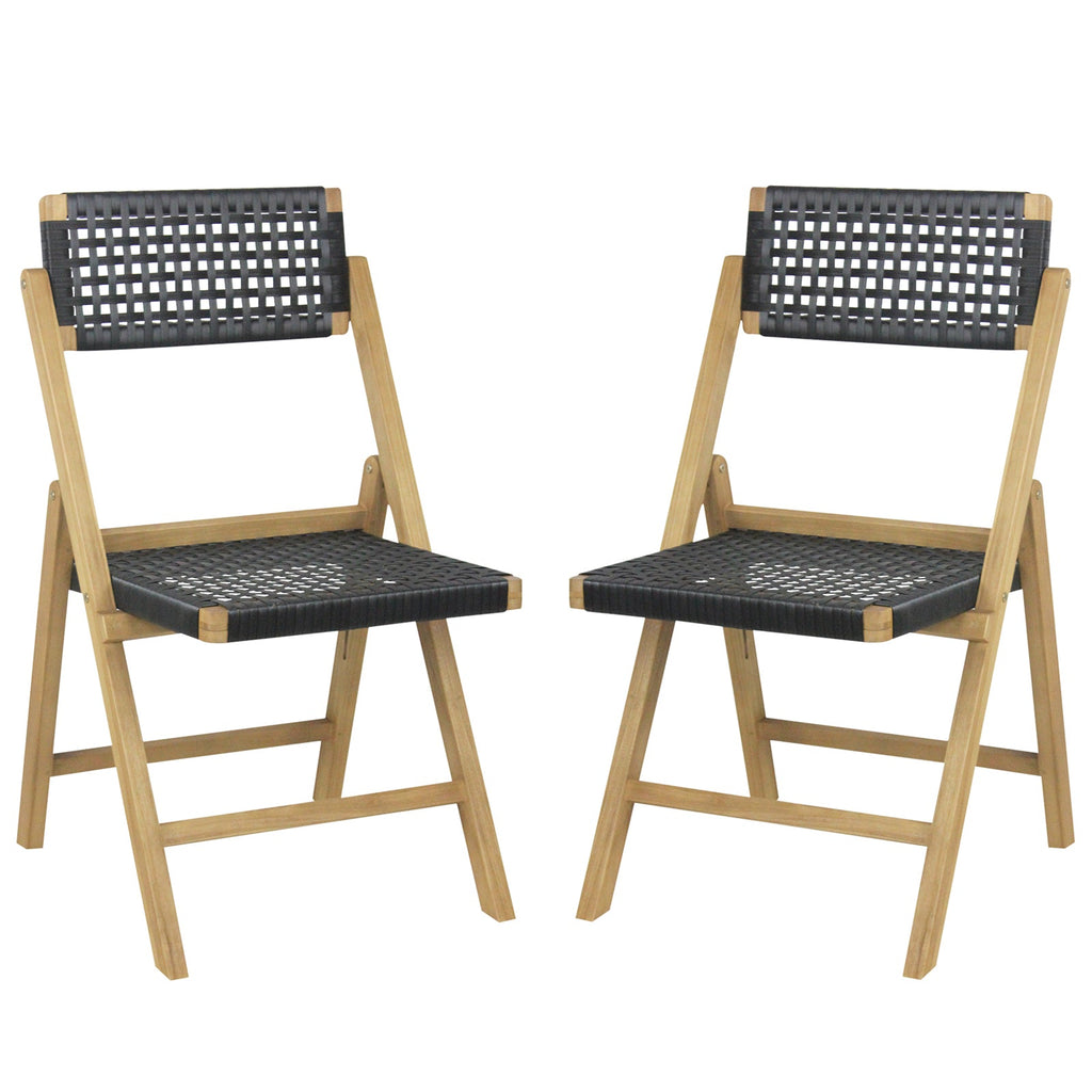 Set of 2 Folding Chairs Indonesia Teak Wood Dining Chairs with Woven Rope Seat and Back