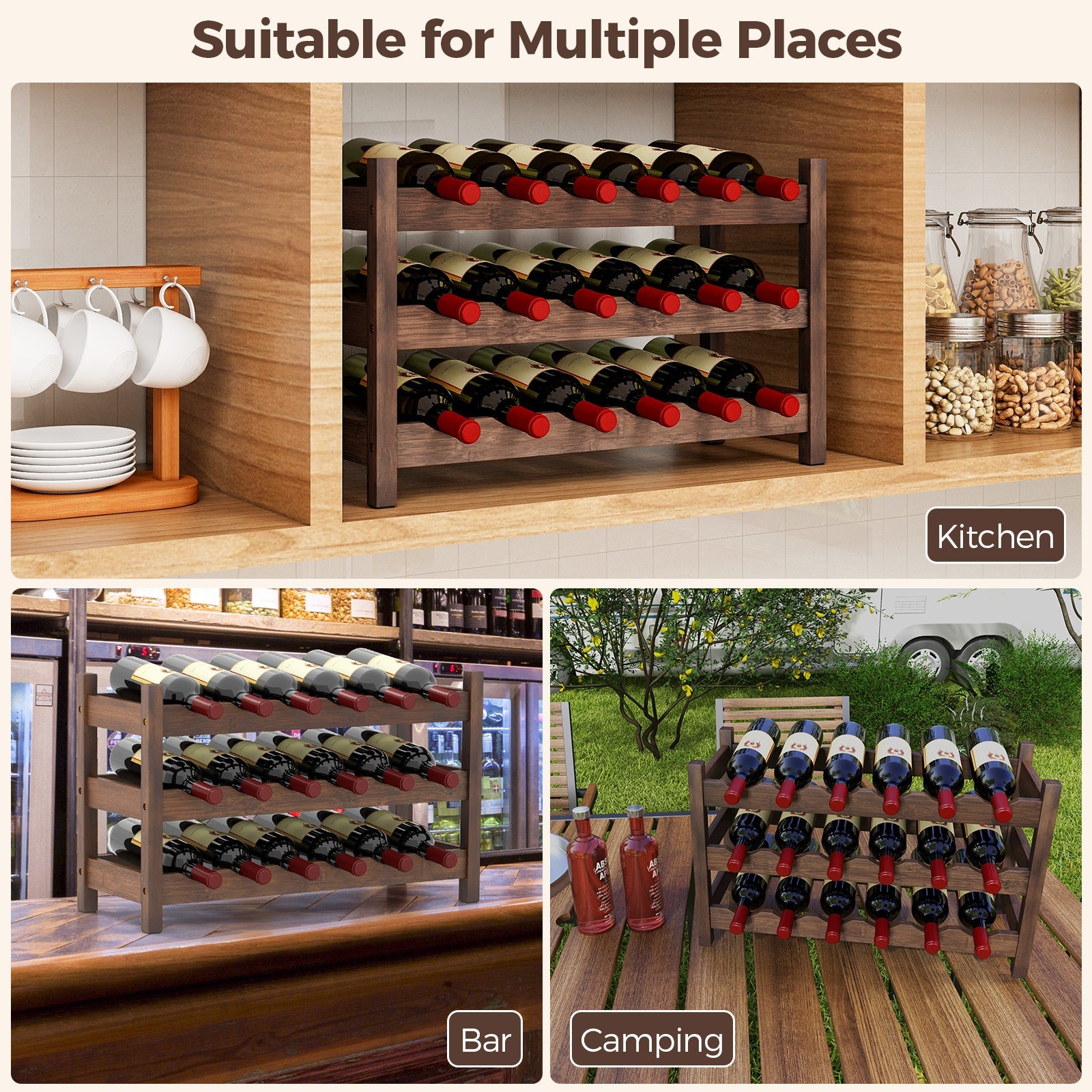 3-Tier Bamboo Freestanding Countertop Wine Bottle Organizer-Coffee