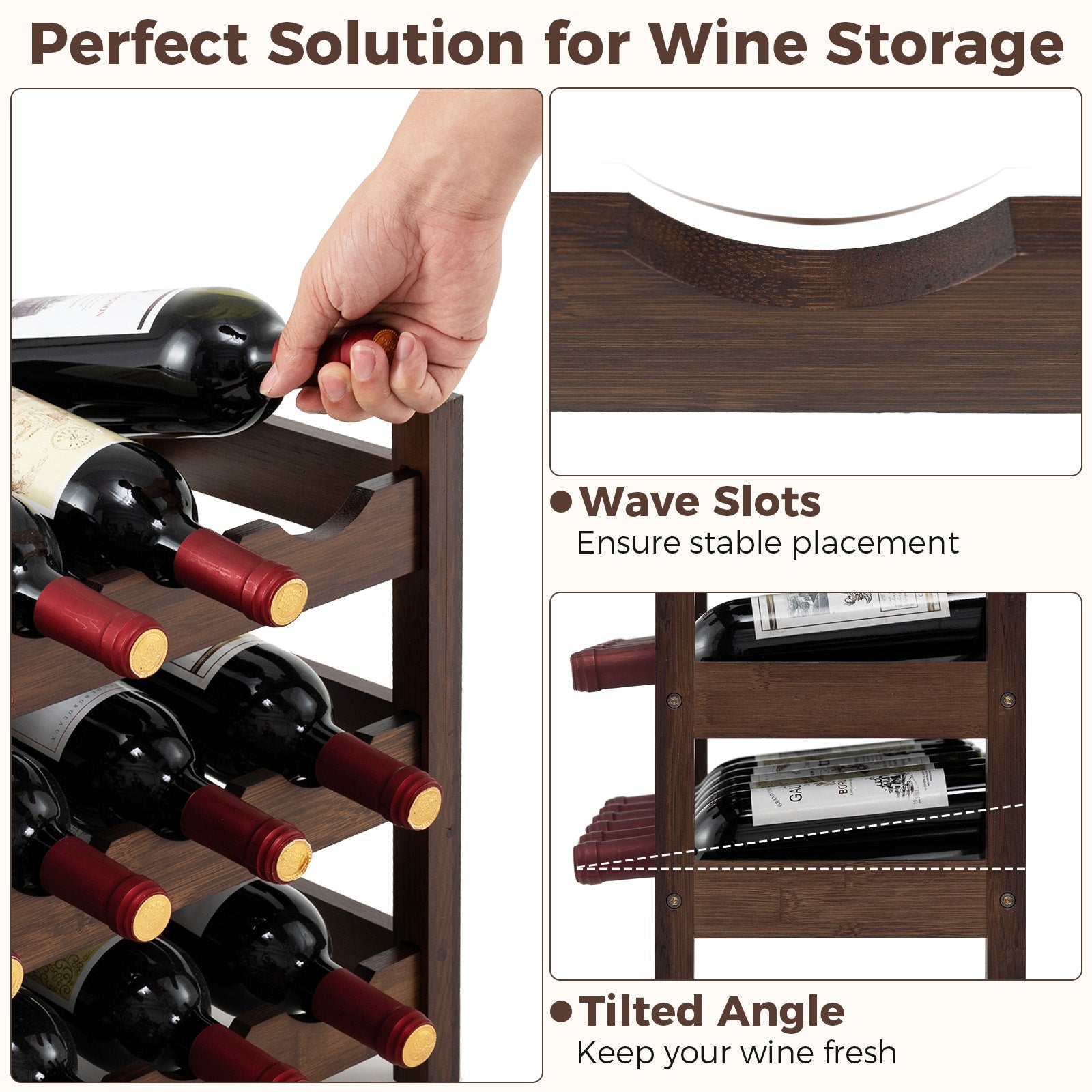 3-Tier Bamboo Freestanding Countertop Wine Bottle Organizer-Coffee
