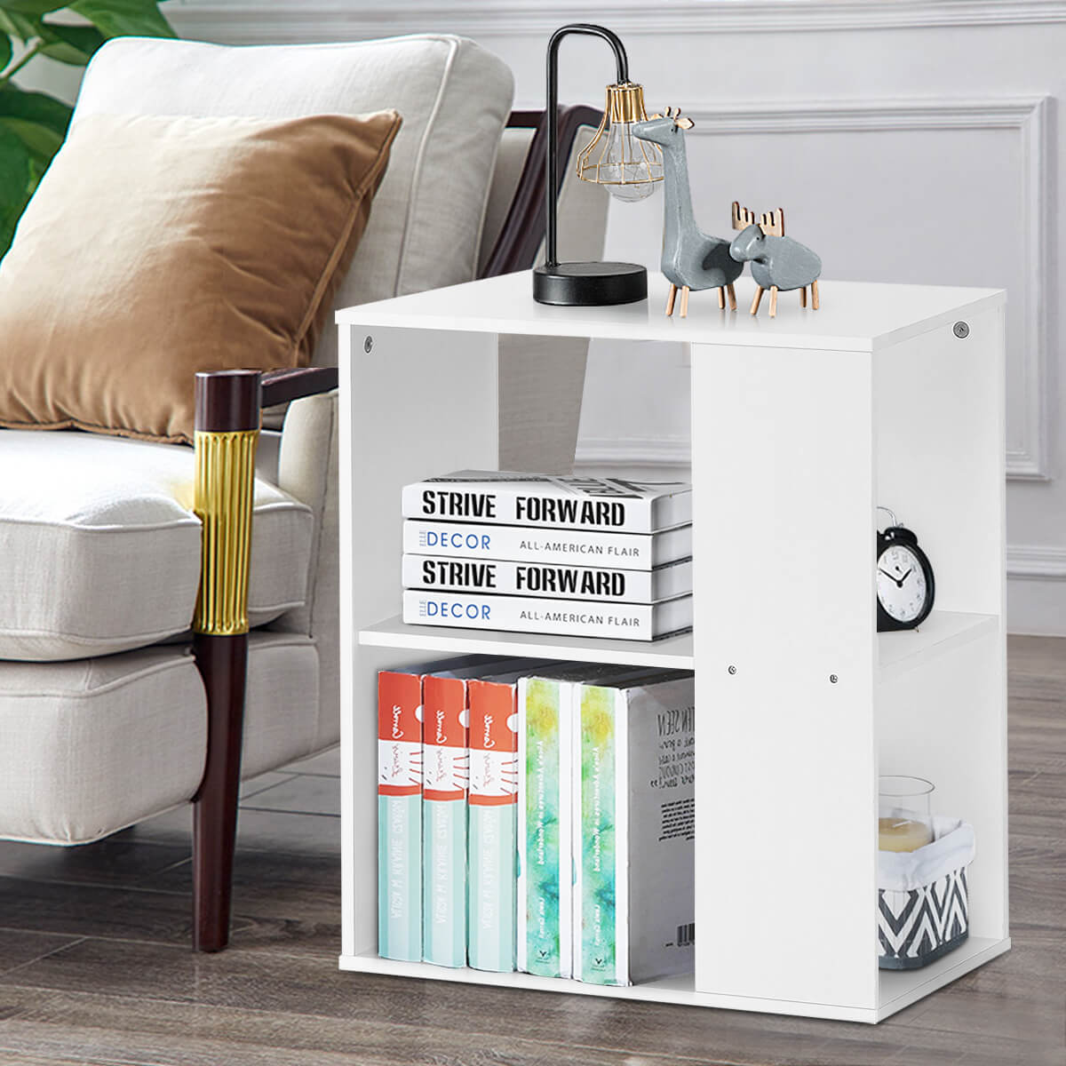 2-Tier Side End Table with Storage Shelves -White