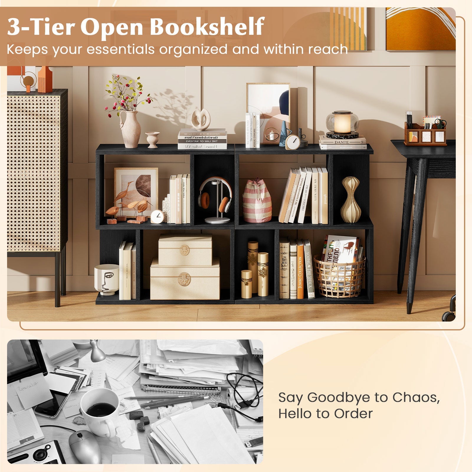 3-Tier Bookshelf with Display Shelf for Small Space-Black