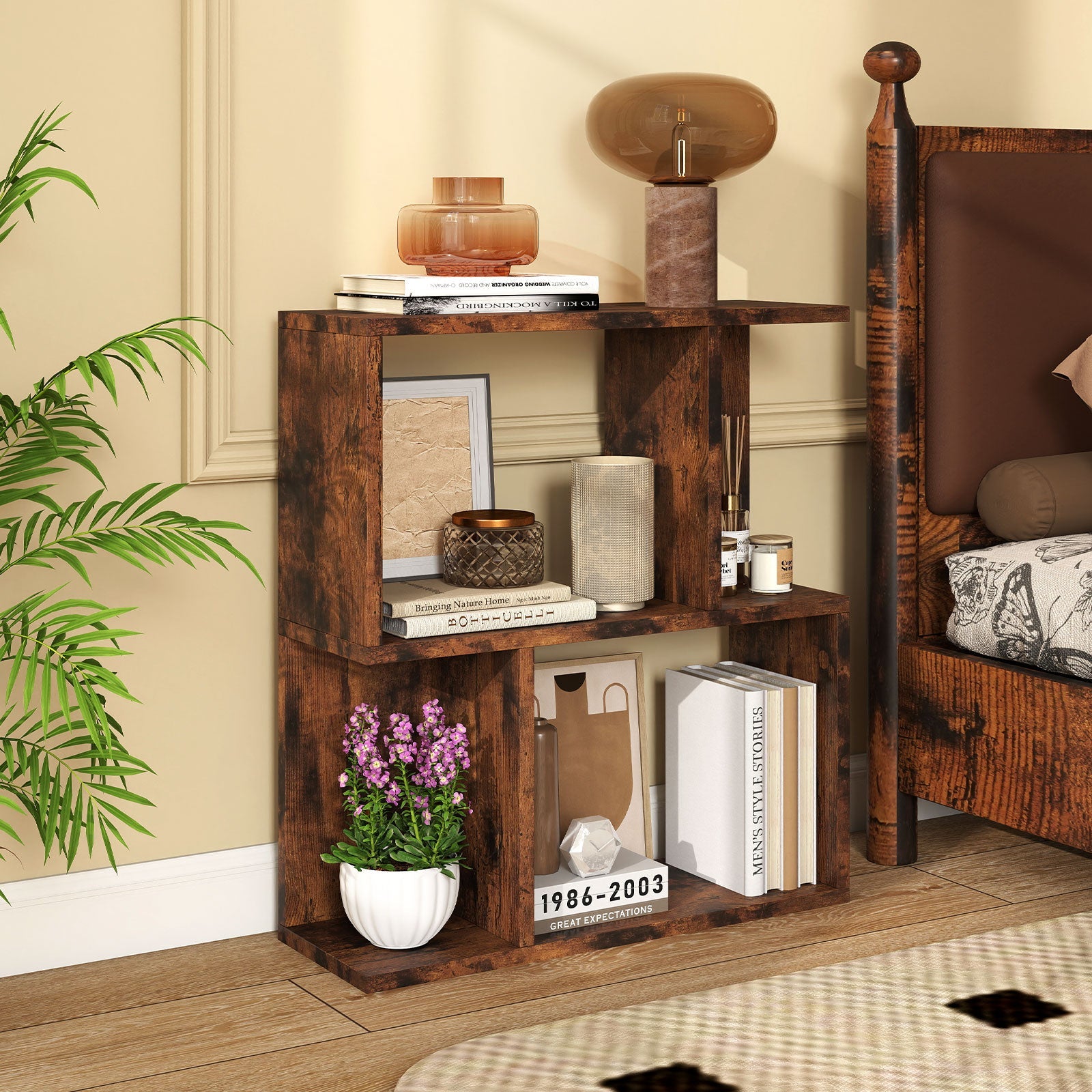 3-Tier Bookshelf with Display Shelf for Small Space-Rustic Brown