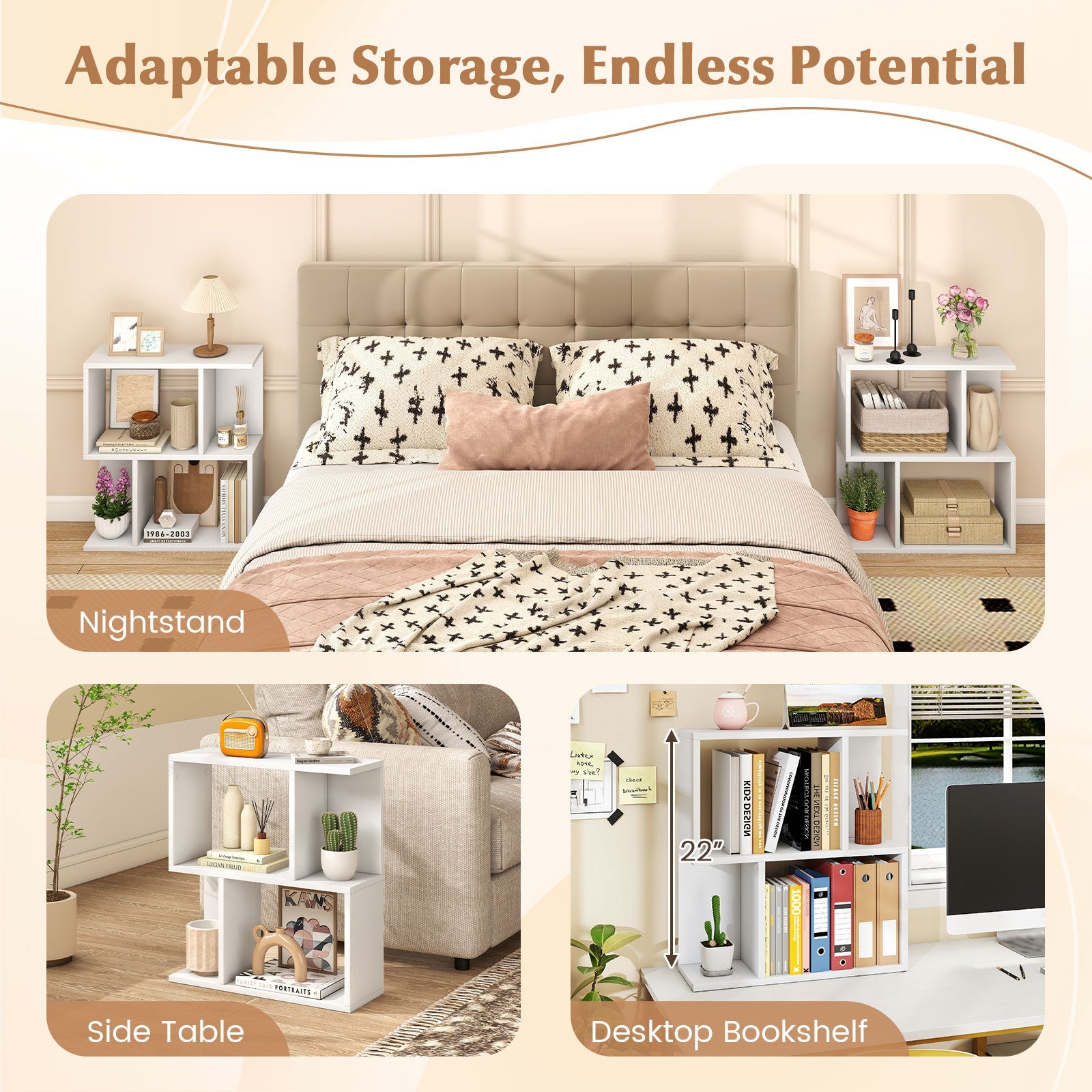 3-Tier Bookshelf with Display Shelf for Small Space-White
