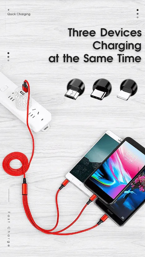 3 Port Fast LED White Car Charger + 3 in 1 Cable Combo Red