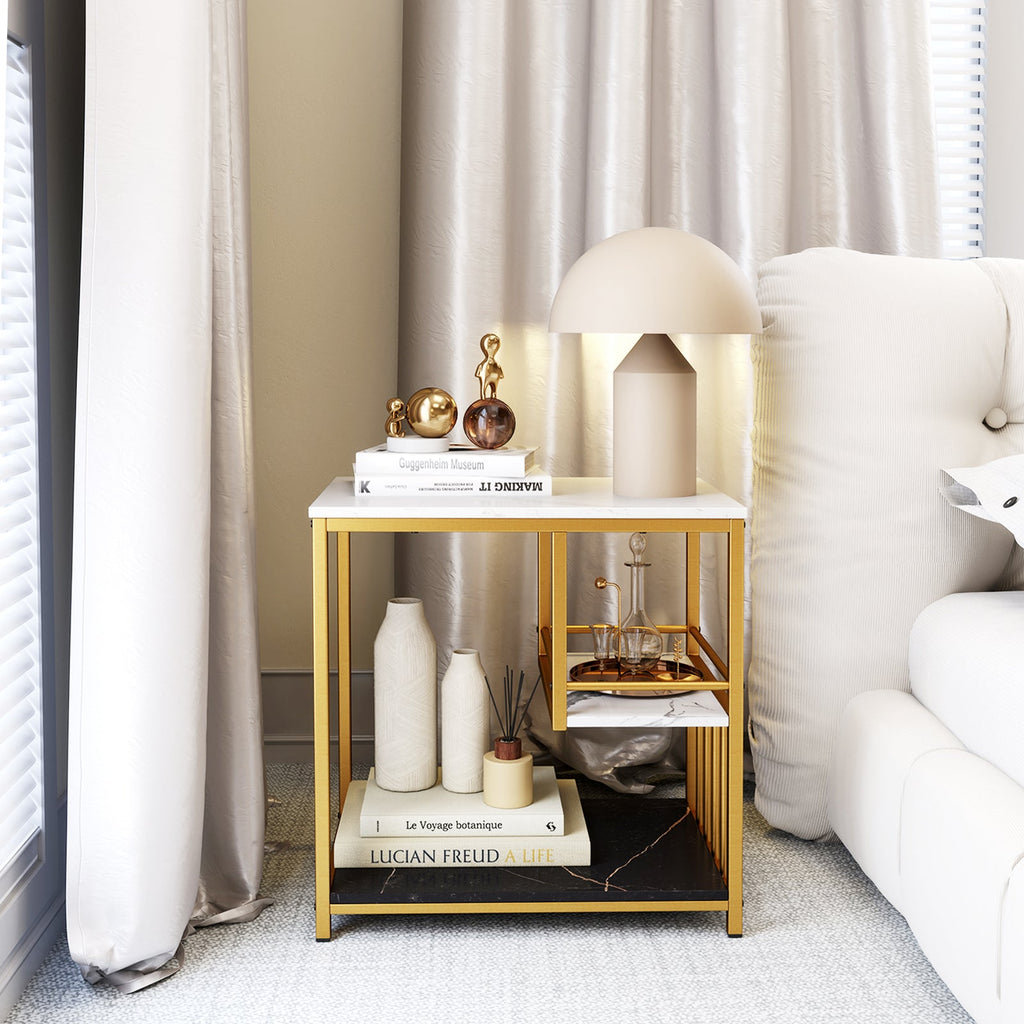 3-Tier Multi-function Marble End Table with Storage Shelf-Golden