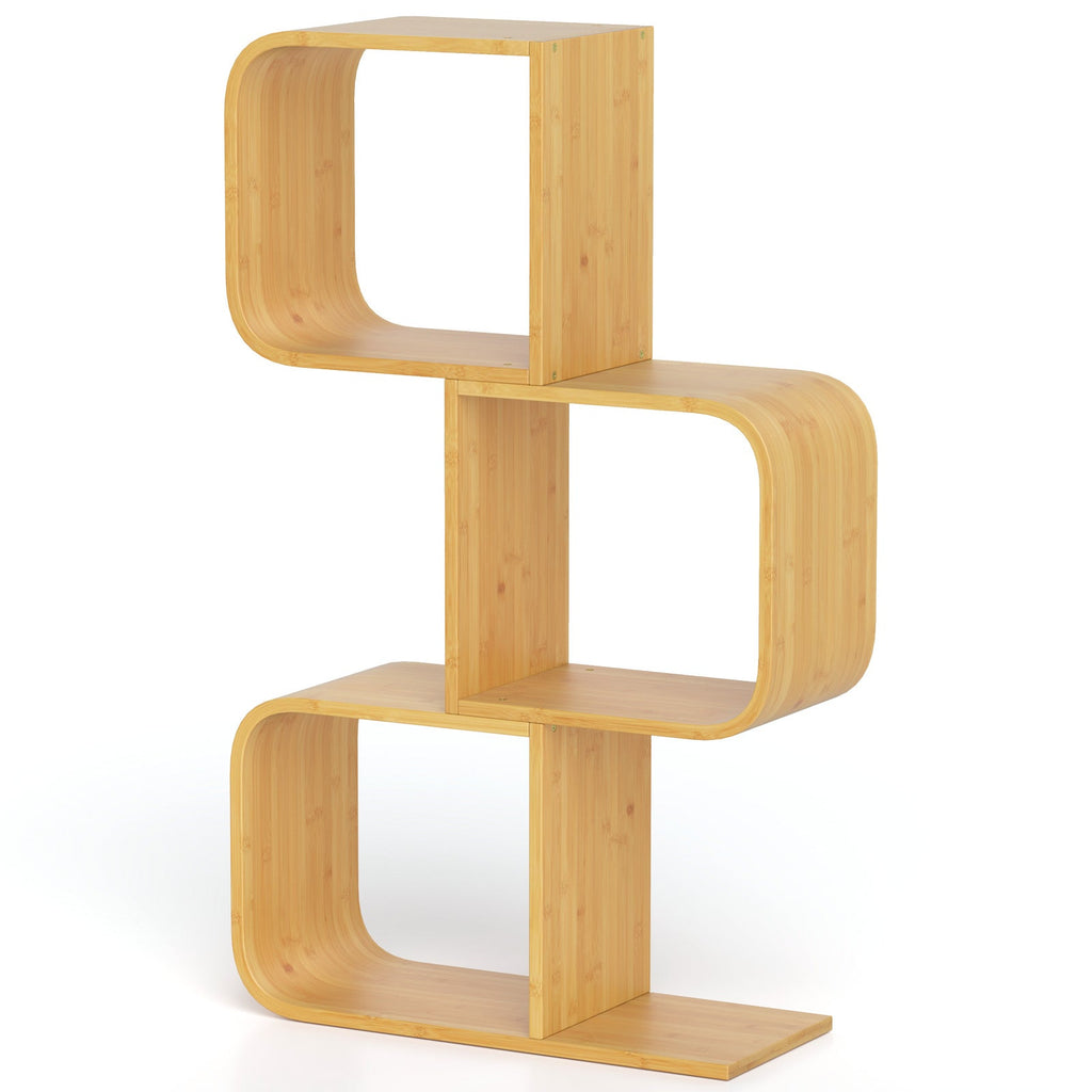 3-Tier S-Shaped Bookcase with 3 Open Cubes for Living Room-Natural