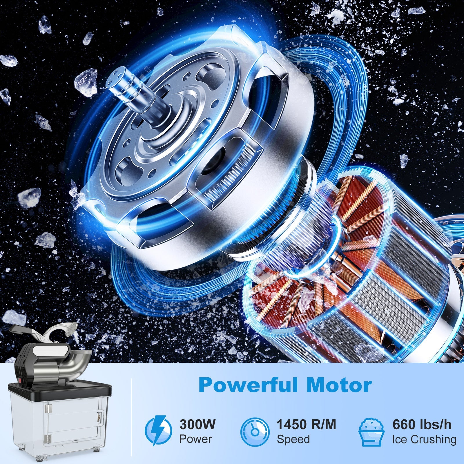 300W Commercial Ice Crusher with Dual Blades and Safety Switch-Black