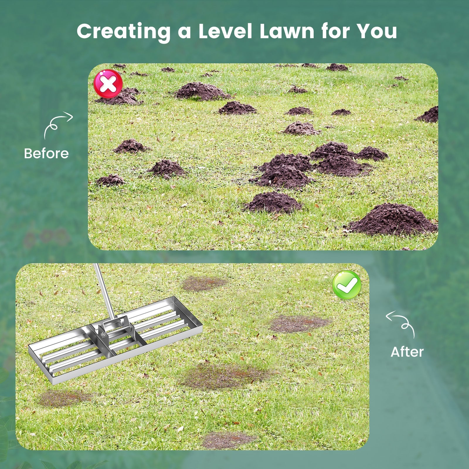 30 x 10 Inch Lawn Leveling Rake with Ergonomic Handle-Silver
