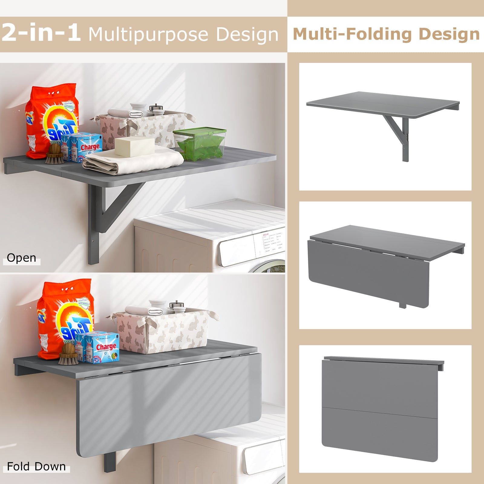 31.5 x 23.5 Inch Wall Mounted Folding Table for Small Spaces-Gray