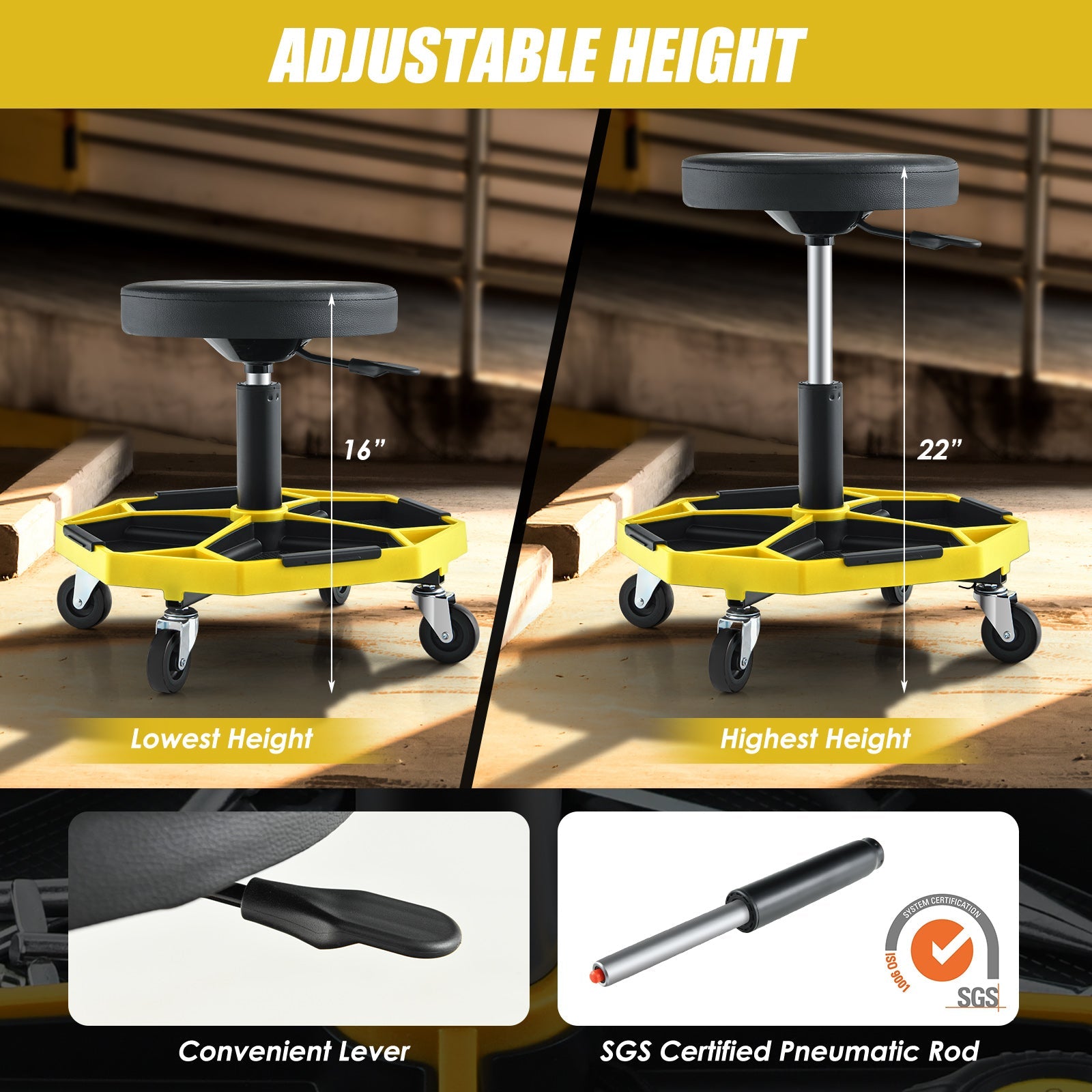 330 LBS Capacity Pneumatic Rolling Mechanic Stool with Padded Seat-Yellow