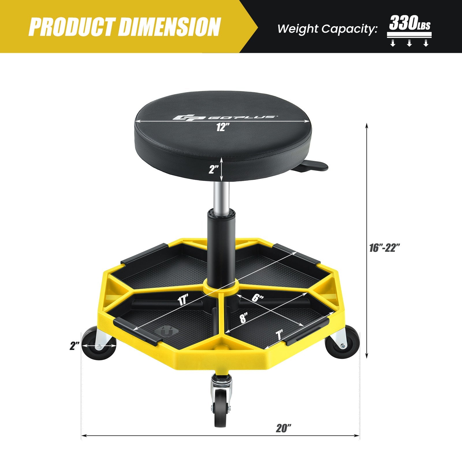 330 LBS Capacity Pneumatic Rolling Mechanic Stool with Padded Seat-Yellow