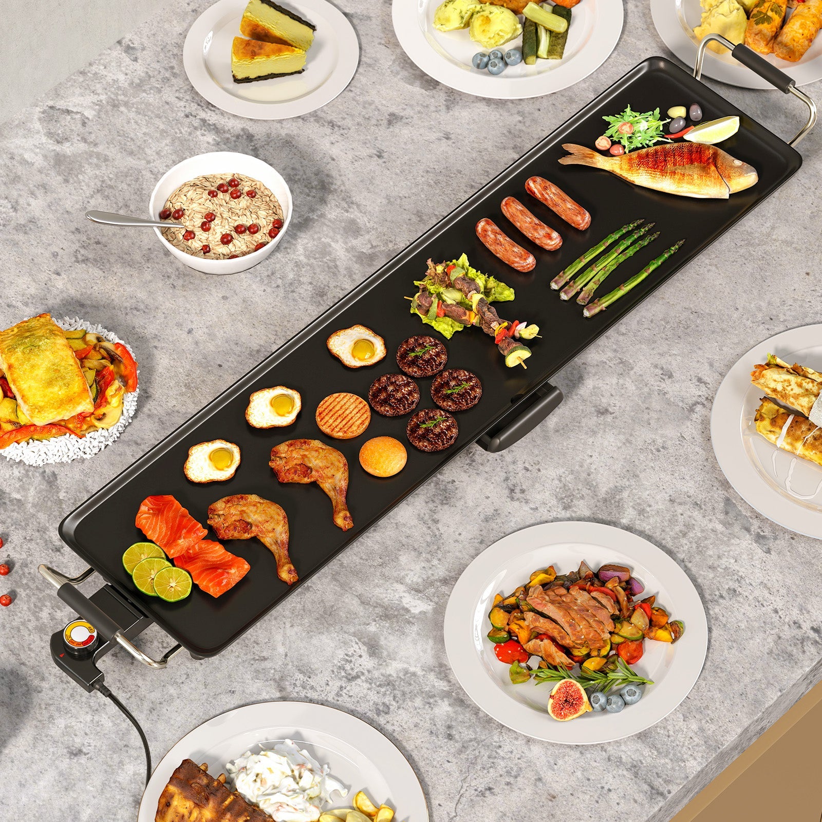 35 Inch Large Electric Griddle Nonstick BBQ Grill with Adjustable Temperature-M