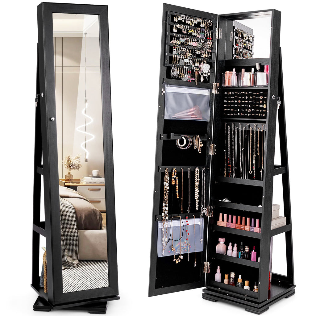 360° Rotatable 2-in-1 Lockable Jewelry Cabinet with Full-Length Mirror-Black