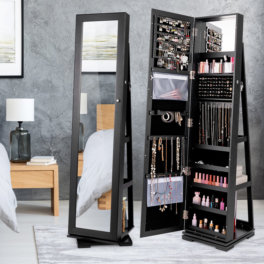 360° Rotatable 2-in-1 Lockable Jewelry Cabinet with Full-Length Mirror-Black