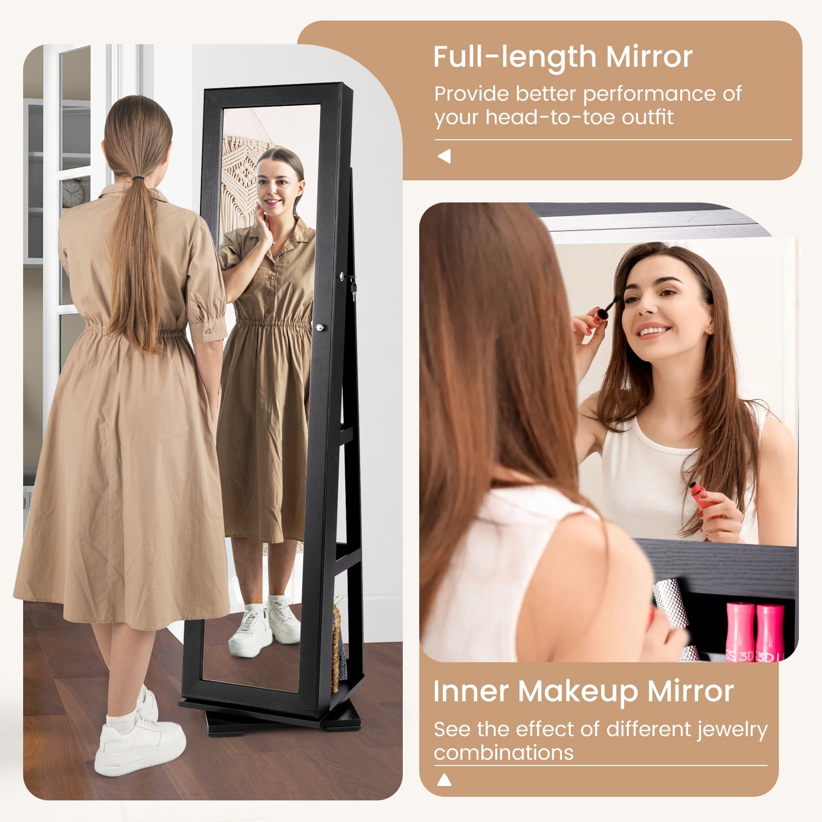 360° Rotatable 2-in-1 Lockable Jewelry Cabinet with Full-Length Mirror-Black