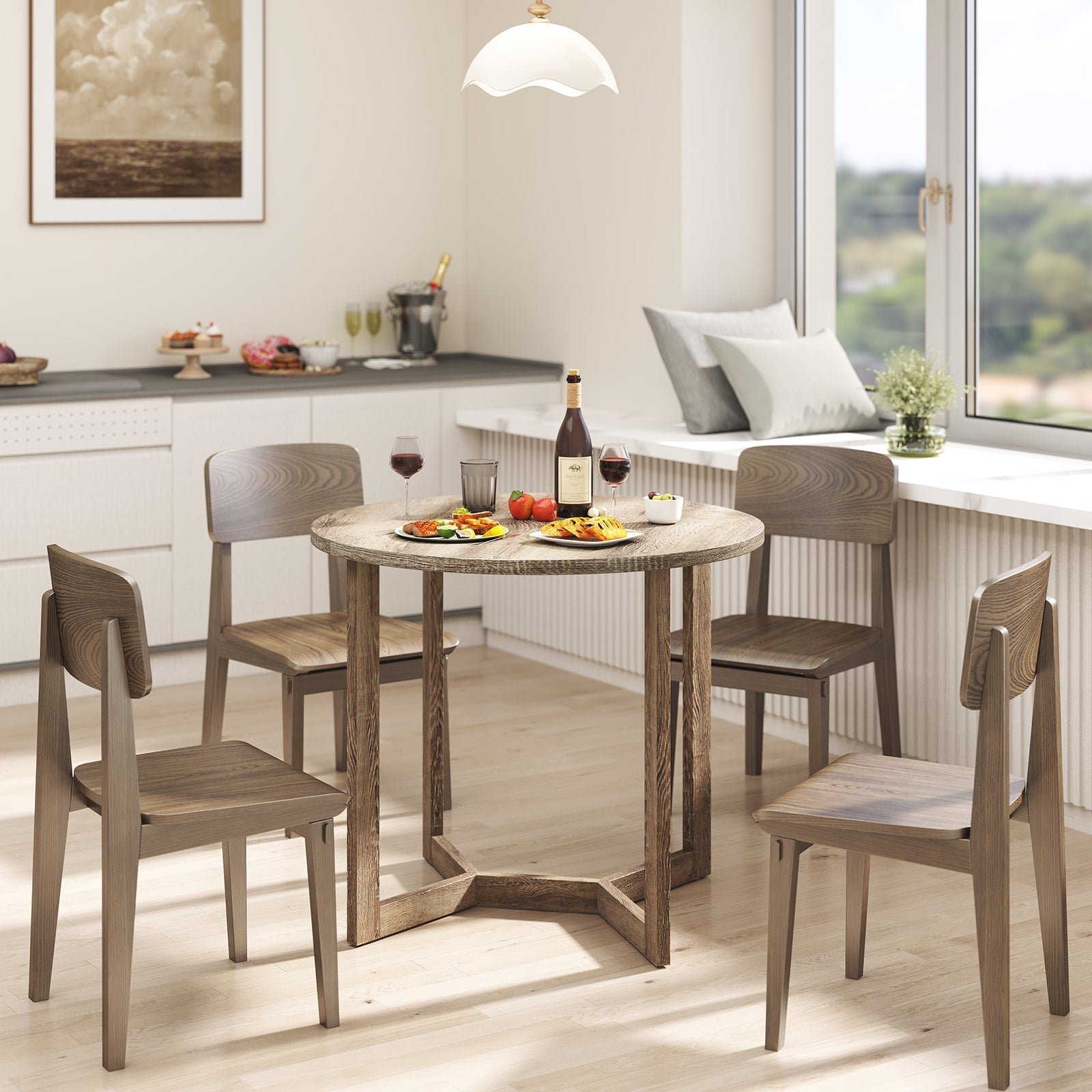 36 Inch Round Wood Dining Table for 2-4 People with Wing-shaped Pedestal Base-Grey