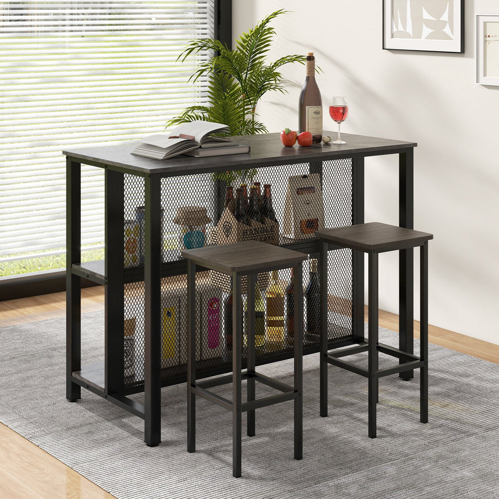36 Inch 3-Tier Bar Table with Storage Metal Frame Adjustable Foot Pads for Dining Room-Gray