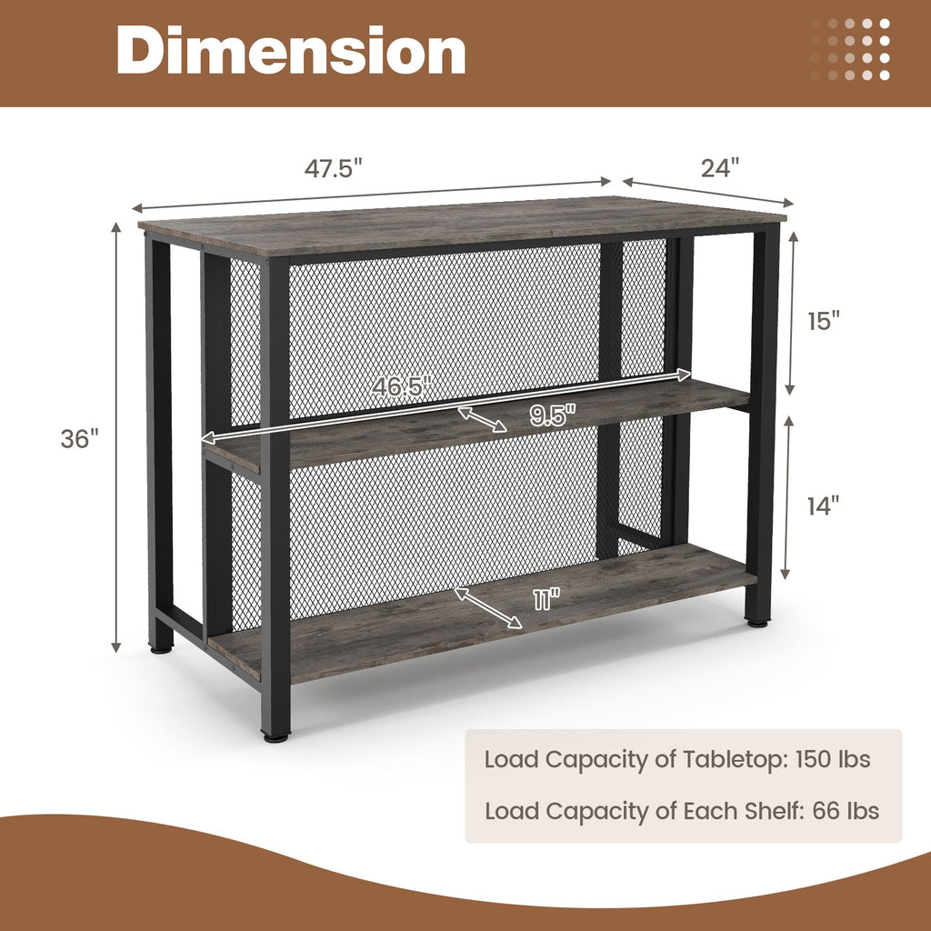 36 Inch 3-Tier Bar Table with Storage Metal Frame Adjustable Foot Pads for Dining Room-Gray