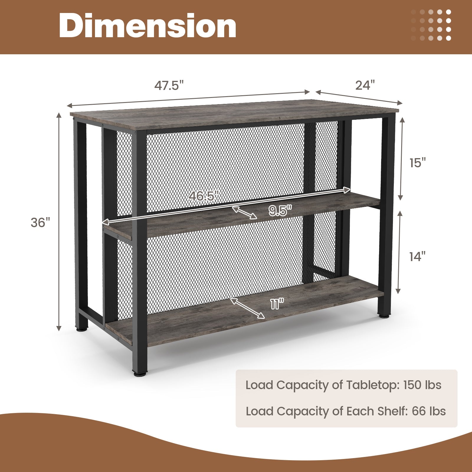 36 Inch 3-Tier Bar Table with Storage Metal Frame Adjustable Foot Pads for Dining Room-Gray