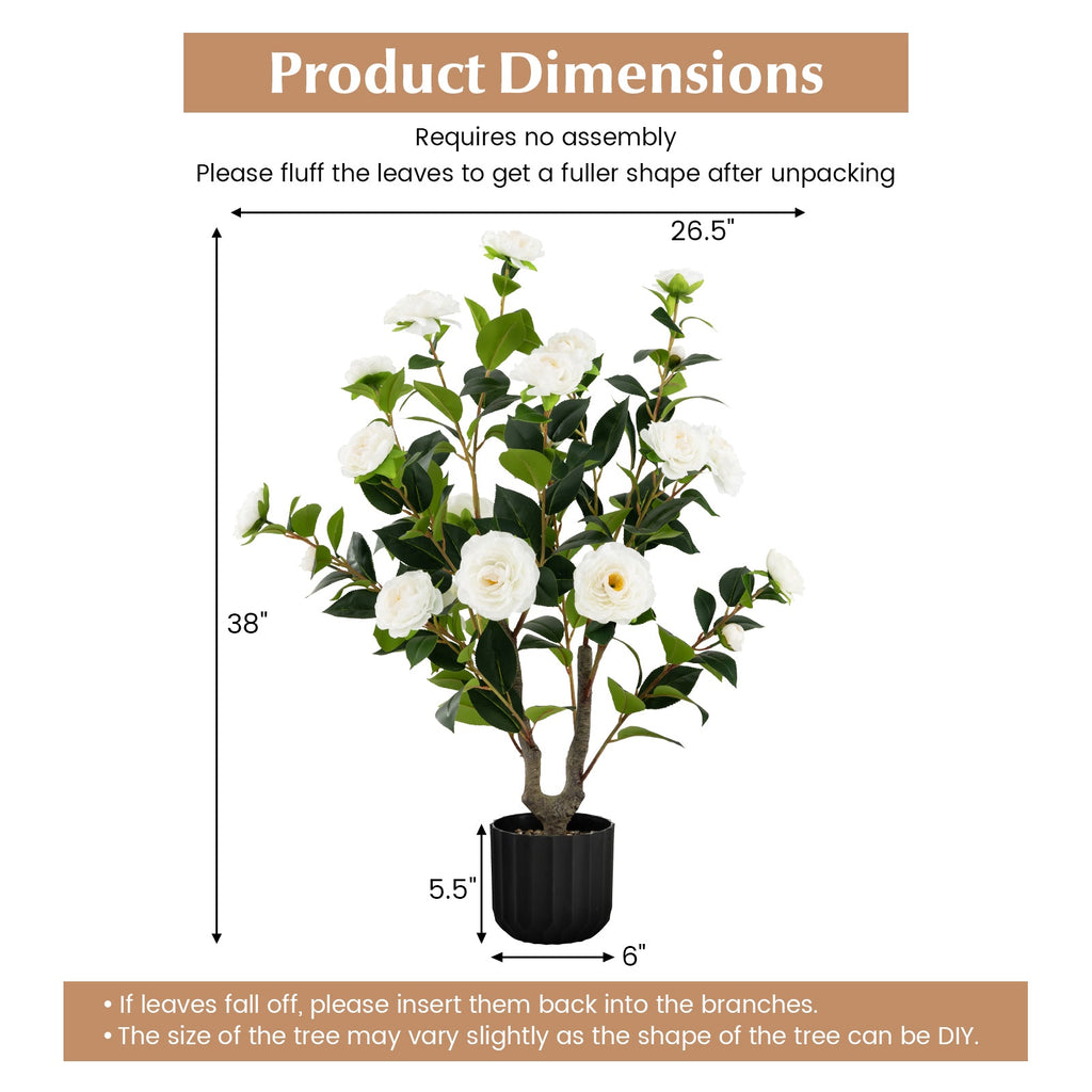 38 Inch Artificial Camellia Tree Faux Flower Plant in Cement Pot 2 Pack-White