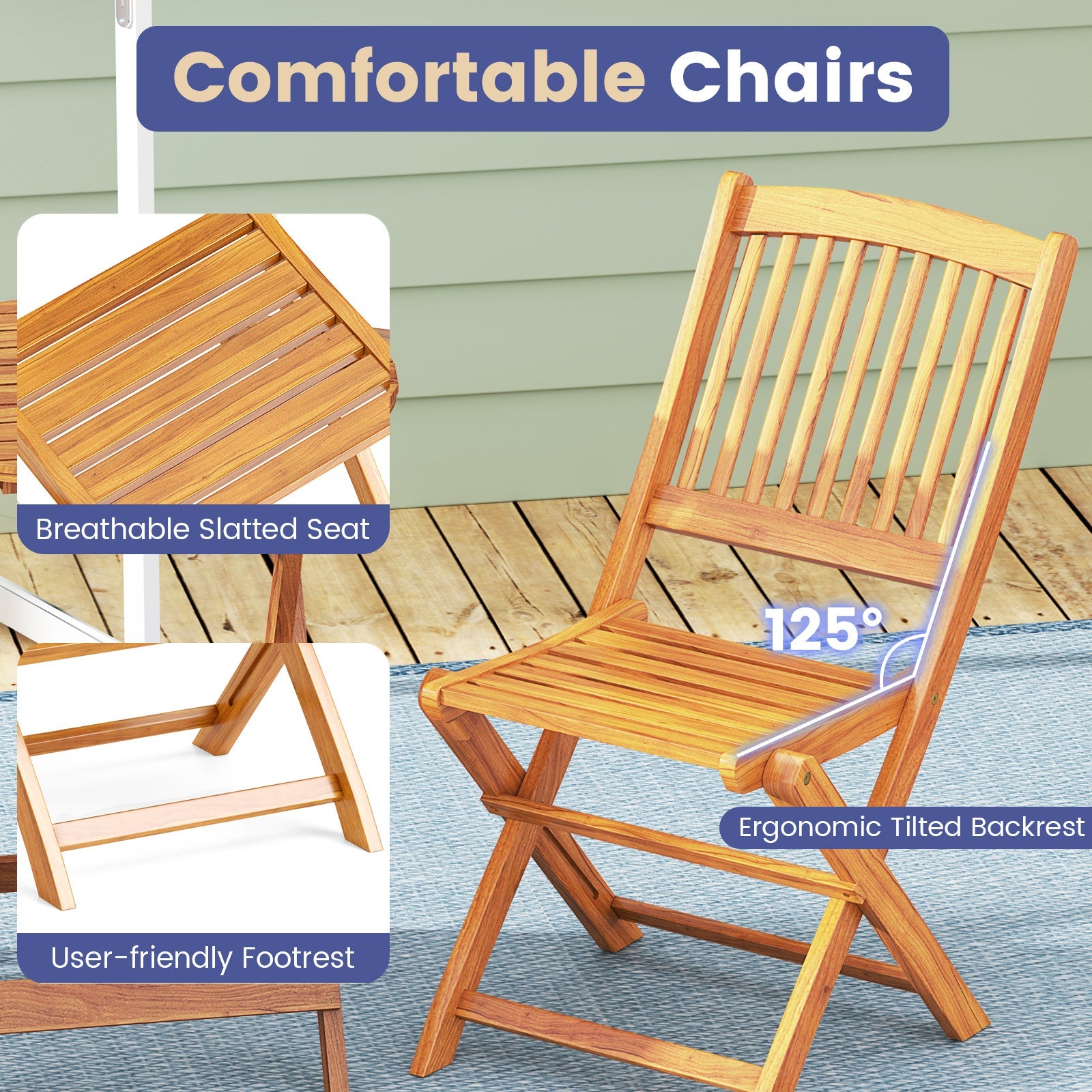 3 Pieces Acacia Wood Patio Folding Bistro Set with Soft Cushions-Navy