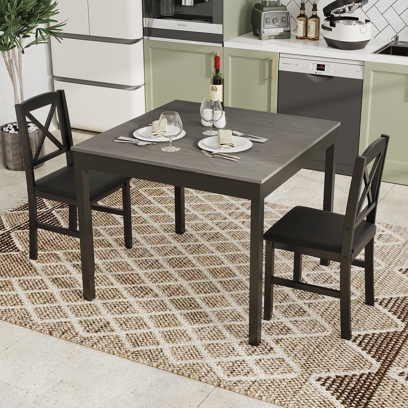 3-Piece Dining Table Set Wooden Square Kitchen Table for 2 People-Gray