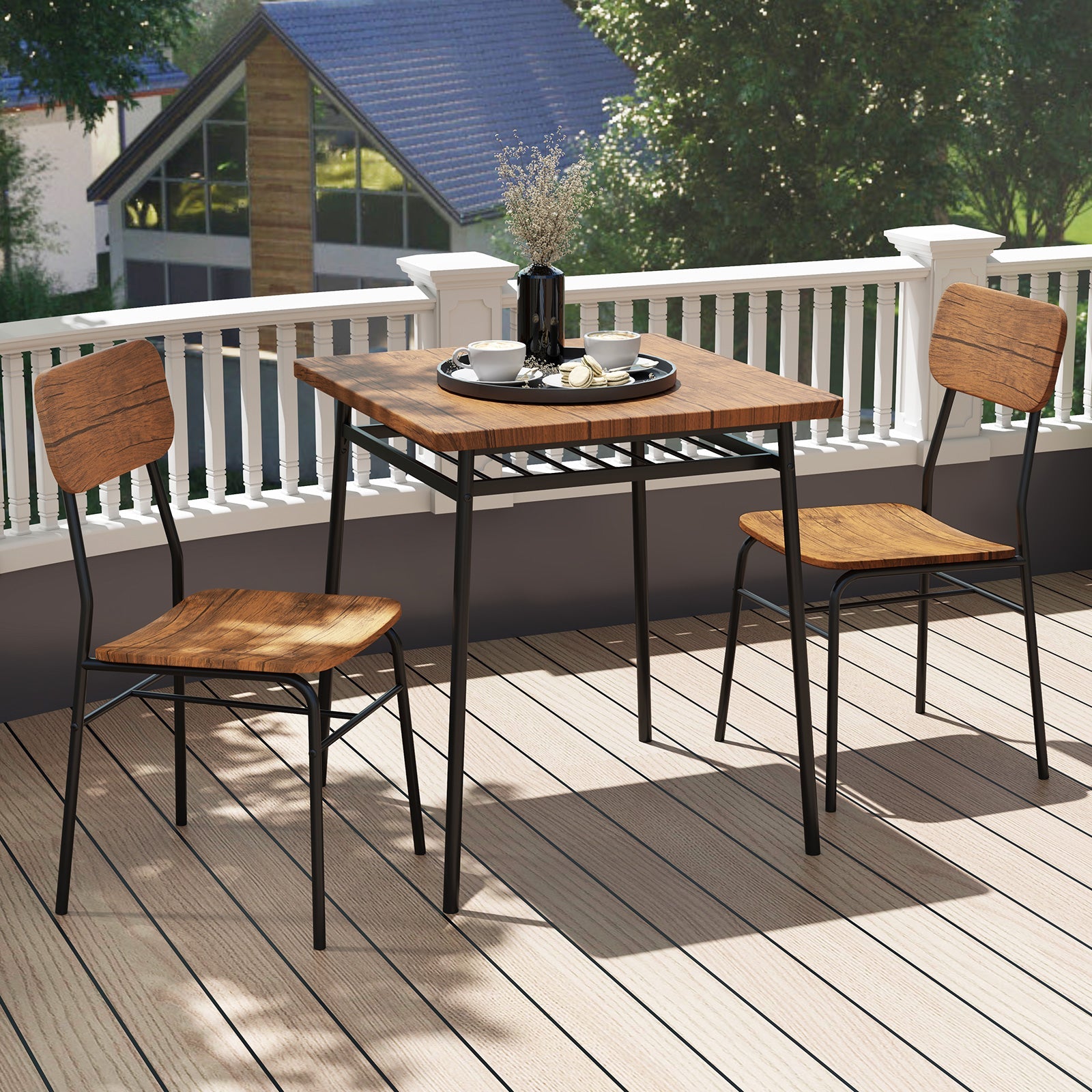 3 Piece Dining Table Set for 2 Wood Square Table with Metal Frame-Brown
