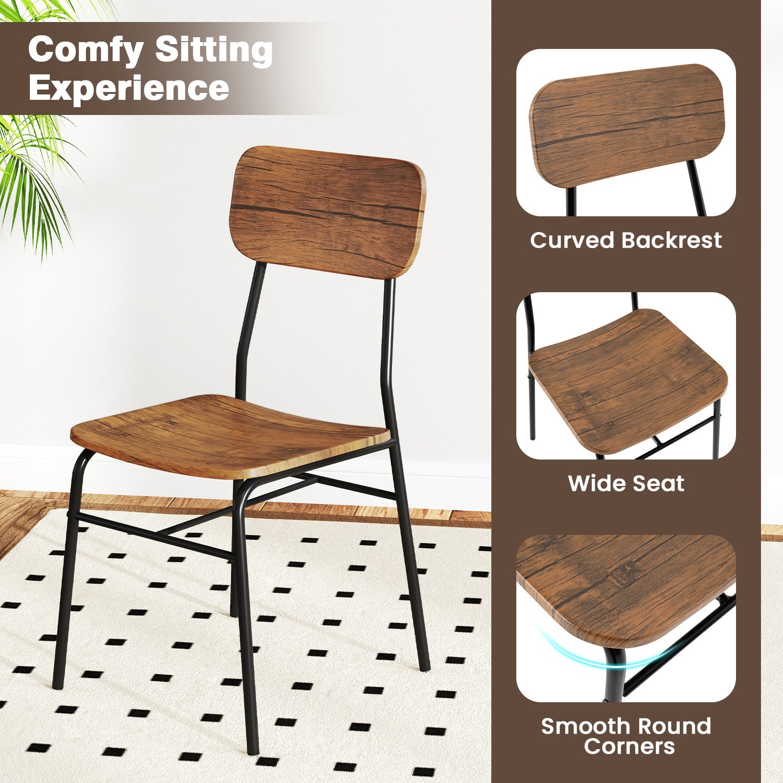 3 Piece Dining Table Set for 2 Wood Square Table with Metal Frame-Brown