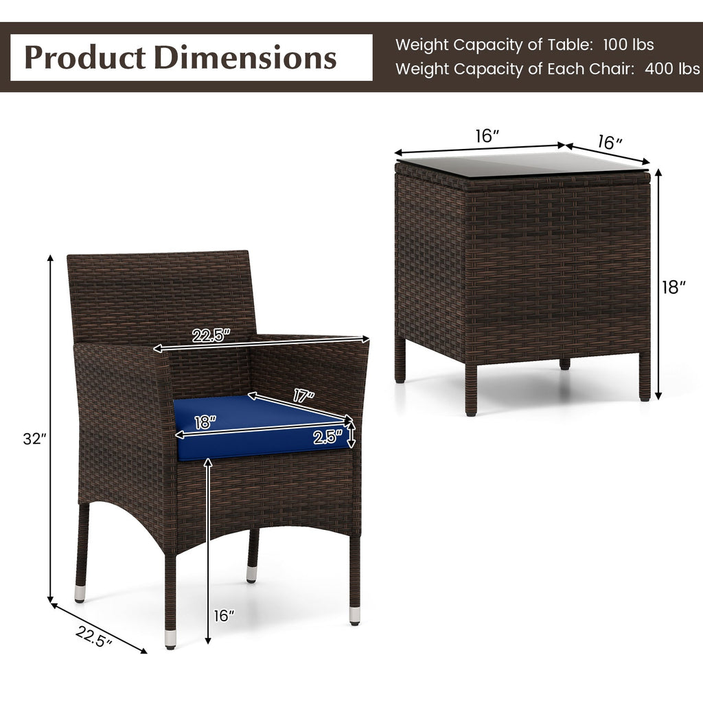 3 Pieces Outdoor Conversation Set with Cushioned Seat and Glass Tabletop-Navy
