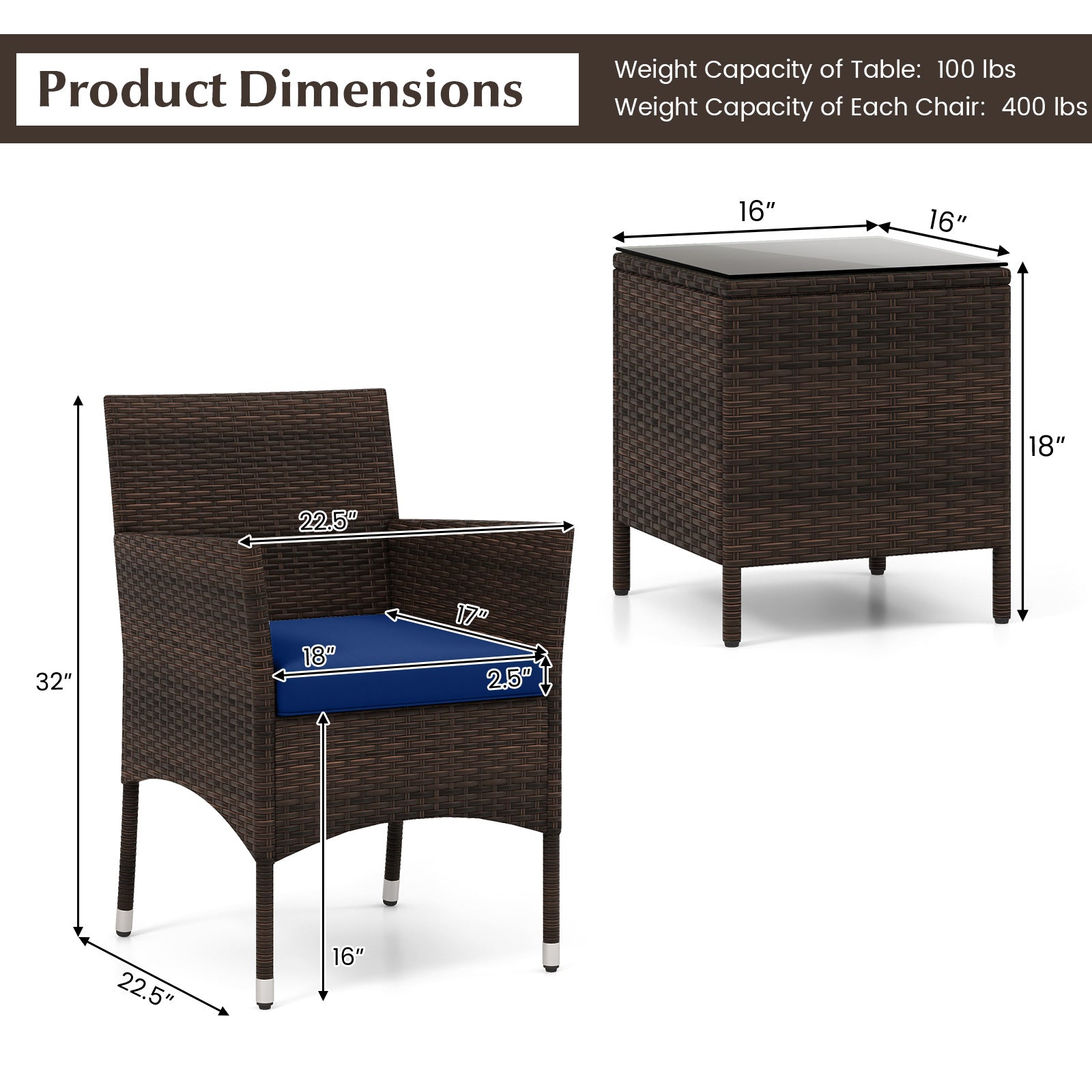 3 Pieces Outdoor Conversation Set with Cushioned Seat and Glass Tabletop-Navy